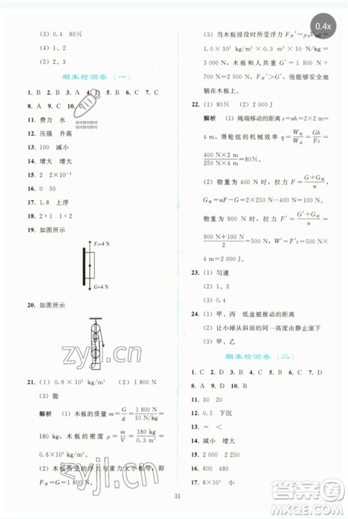 人民教育出版社2023同步轻松练习八年级物理下册人教版参考答案