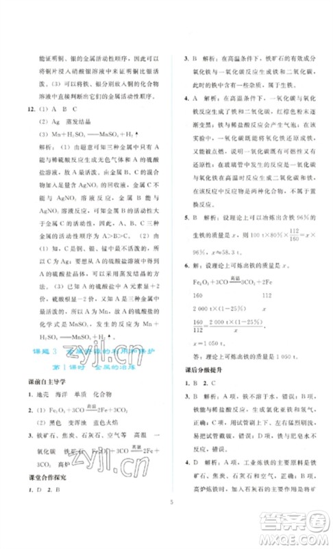 人民教育出版社2023同步轻松练习九年级化学下册人教版参考答案