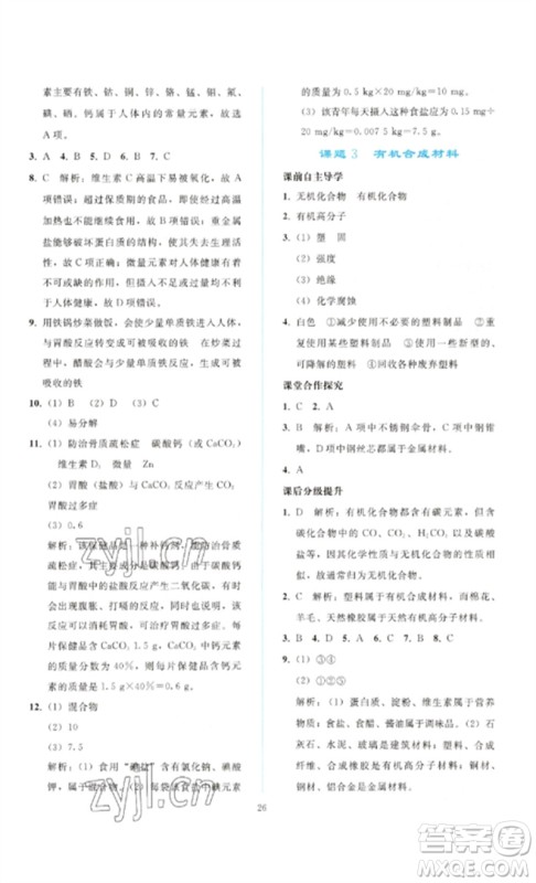 人民教育出版社2023同步轻松练习九年级化学下册人教版参考答案 人民教育出版社2023同步轻松练习九年级化学下册人教版参考答案