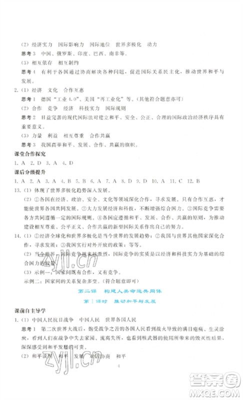 人民教育出版社2023同步轻松练习九年级道德与法治下册人教版参考答案