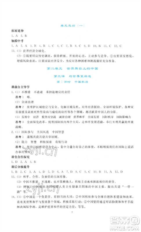 人民教育出版社2023同步轻松练习九年级道德与法治下册人教版参考答案