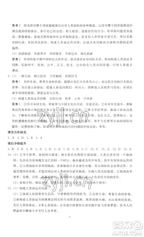 人民教育出版社2023同步轻松练习九年级道德与法治下册人教版参考答案