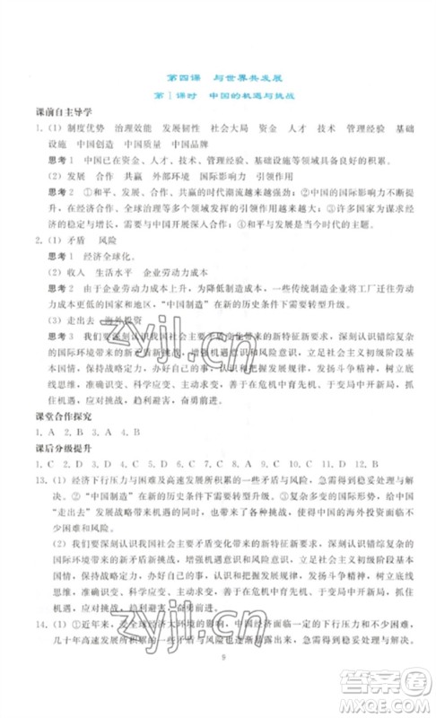 人民教育出版社2023同步轻松练习九年级道德与法治下册人教版参考答案