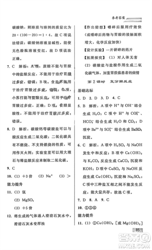 人民教育出版社2023同步轻松练习九年级化学下册人教版重庆专版参考答案