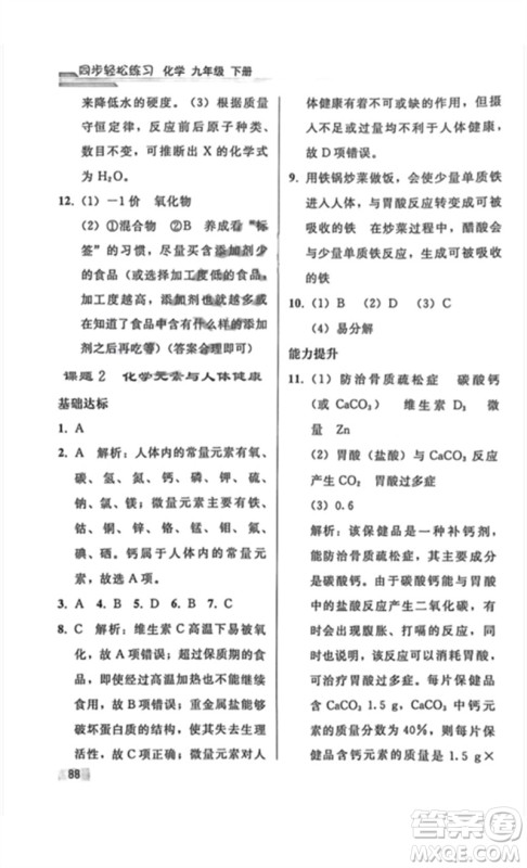 人民教育出版社2023同步轻松练习九年级化学下册人教版重庆专版参考答案