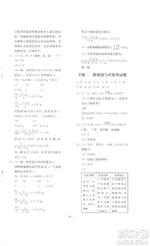 人民教育出版社2023同步轻松练习九年级化学总复习人教版参考答案