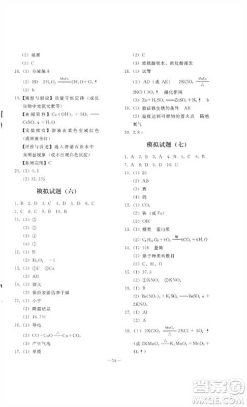 人民教育出版社2023同步轻松练习九年级化学总复习人教版参考答案