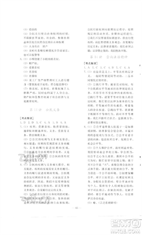 人民教育出版社2023同步轻松练习九年级道德与法治总复习人教版参考答案