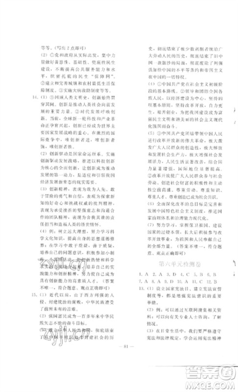 人民教育出版社2023同步轻松练习九年级道德与法治总复习人教版参考答案