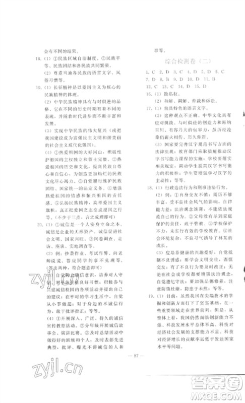 人民教育出版社2023同步轻松练习九年级道德与法治总复习人教版参考答案