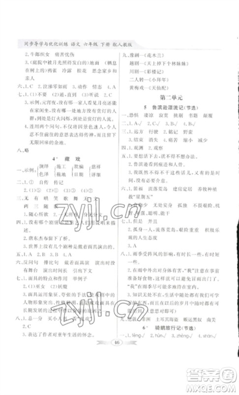广东教育出版社2023同步导学与优化训练六年级语文下册人教版参考答案