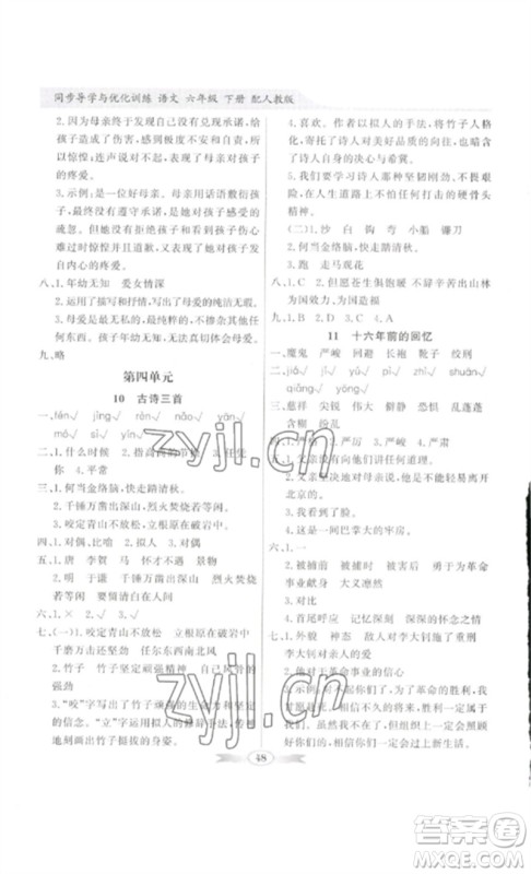 广东教育出版社2023同步导学与优化训练六年级语文下册人教版参考答案