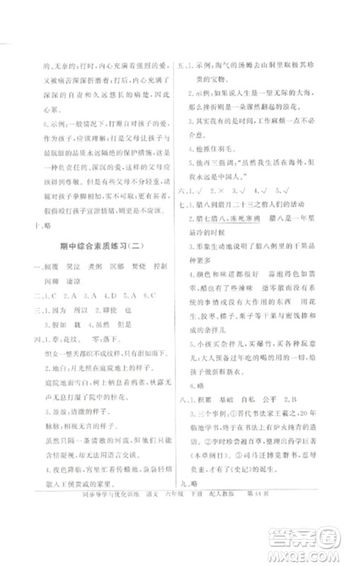 广东教育出版社2023同步导学与优化训练六年级语文下册人教版参考答案