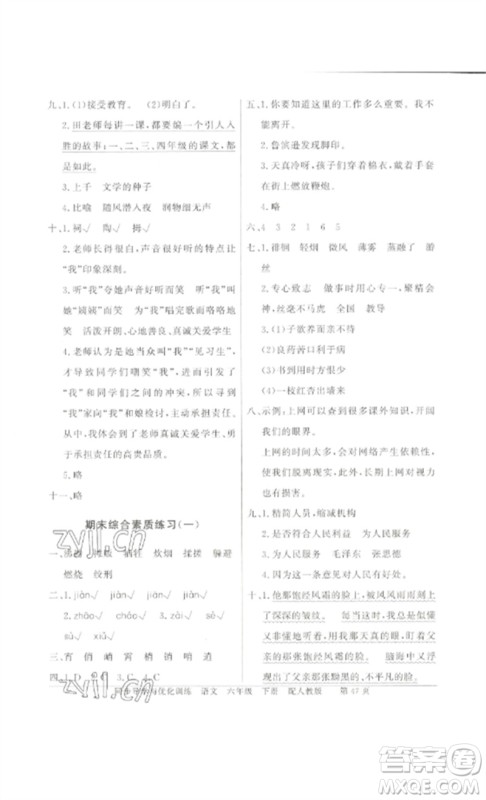 广东教育出版社2023同步导学与优化训练六年级语文下册人教版参考答案