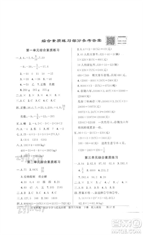 广东教育出版社2023同步导学与优化训练六年级数学下册人教版参考答案