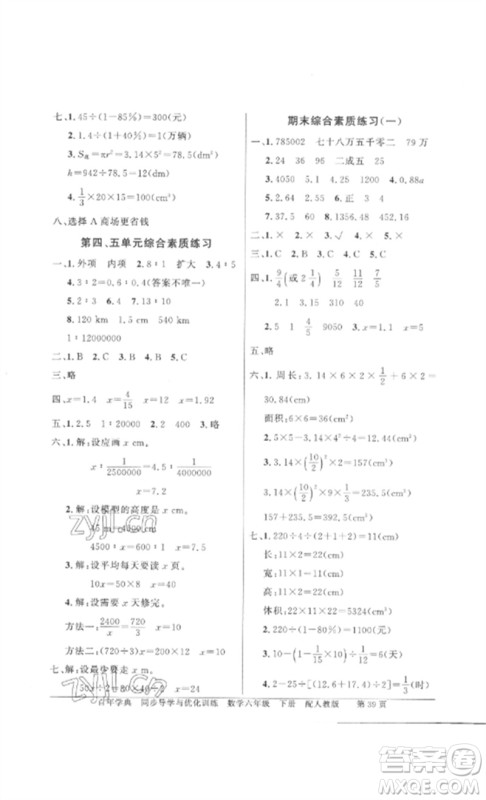 广东教育出版社2023同步导学与优化训练六年级数学下册人教版参考答案