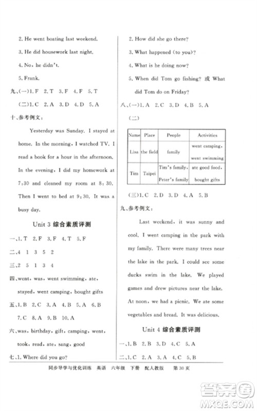 广东教育出版社2023同步导学与优化训练六年级英语下册人教PEP版参考答案