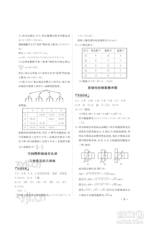 山东人民出版社2023初中卷行知天下九年级下册数学青岛版参考答案