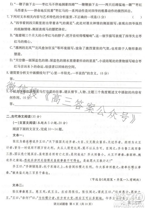 2023届湖南新高考教学教研联盟高三第二次联考语文试卷答案