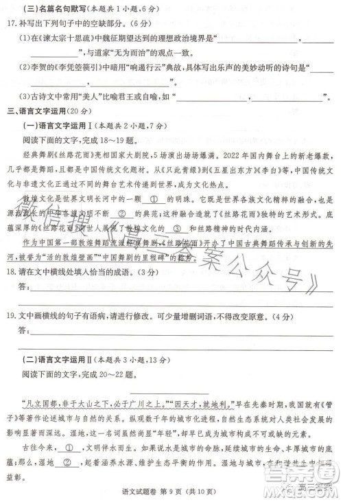 2023届湖南新高考教学教研联盟高三第二次联考语文试卷答案