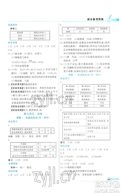 广东教育出版社2023同步导学与优化训练九年级化学下册人教版参考答案