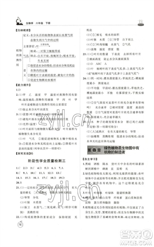 山东友谊出版社2023初中同步练习册六年级生物下册鲁科版五四制参考答案