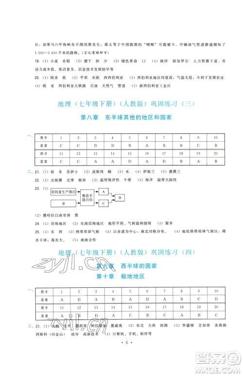 福建人民出版社2023顶尖课课练七年级下册地理人教版参考答案