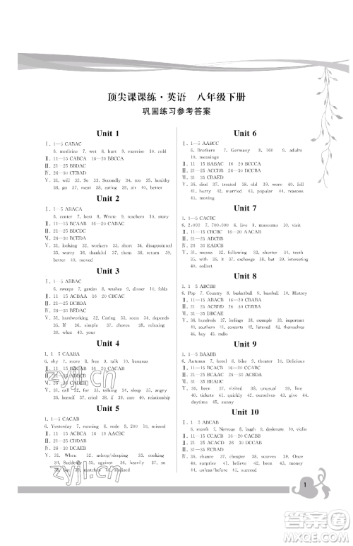 福建人民出版社2023顶尖课课练八年级下册英语人教版参考答案