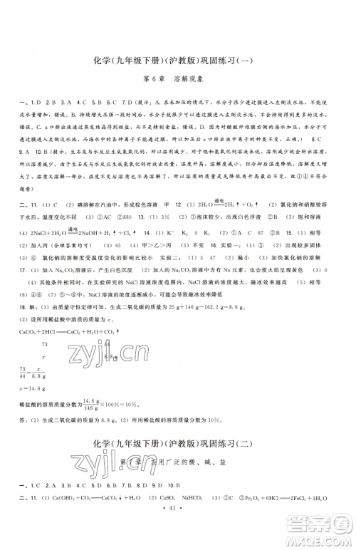 福建人民出版社2023顶尖课课练九年级下册化学沪教版参考答案