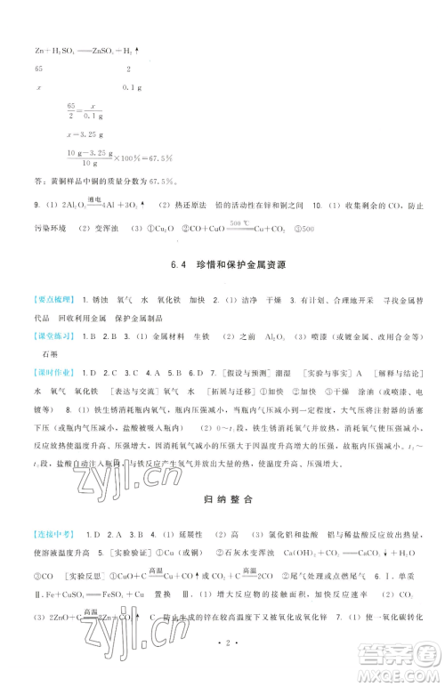 福建人民出版社2023顶尖课课练九年级下册化学科学版参考答案