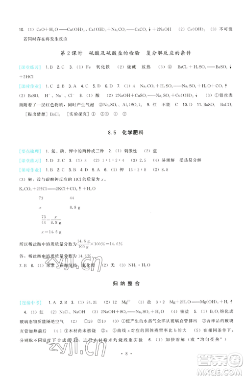 福建人民出版社2023顶尖课课练九年级下册化学科学版参考答案