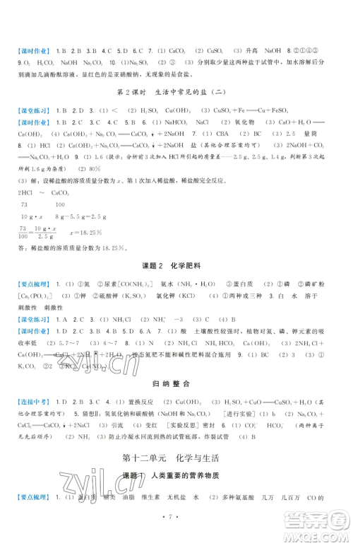 福建人民出版社2023顶尖课课练九年级下册化学人教版参考答案