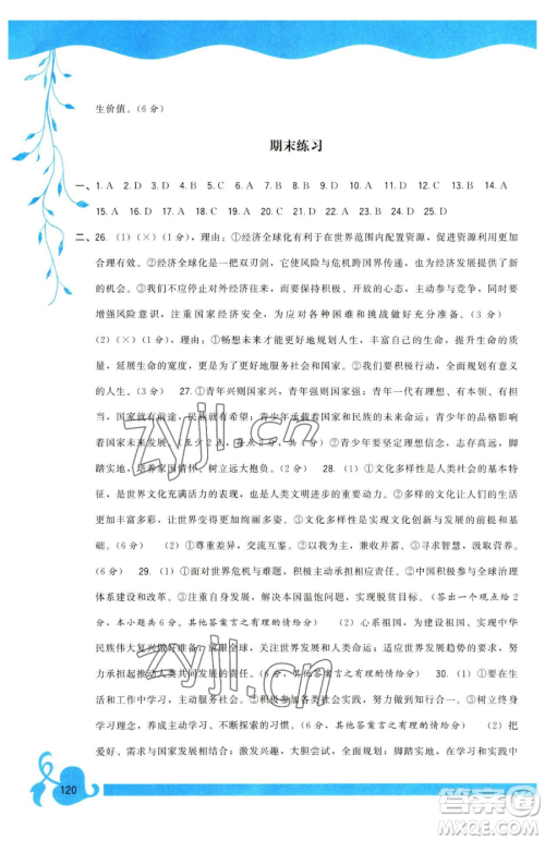 福建人民出版社2023顶尖课课练九年级下册道德与法治人教版参考答案