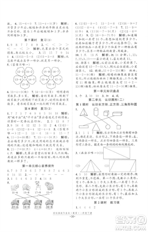 江苏凤凰美术出版社2023欧啦提优作业本一年级数学下册苏教版参考答案