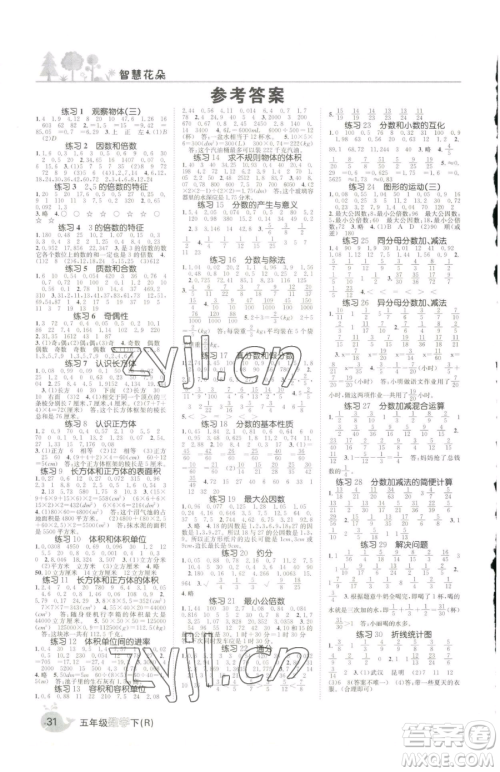 天津科学技术出版社2023智慧花朵五年级下册数学人教版参考答案