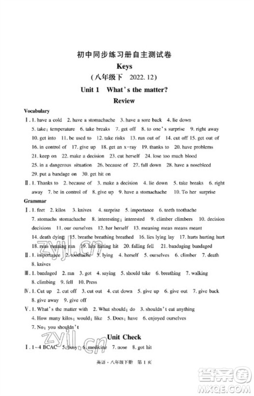 明天出版社2023初中同步练习册自主测试卷八年级英语下册人教版参考答案