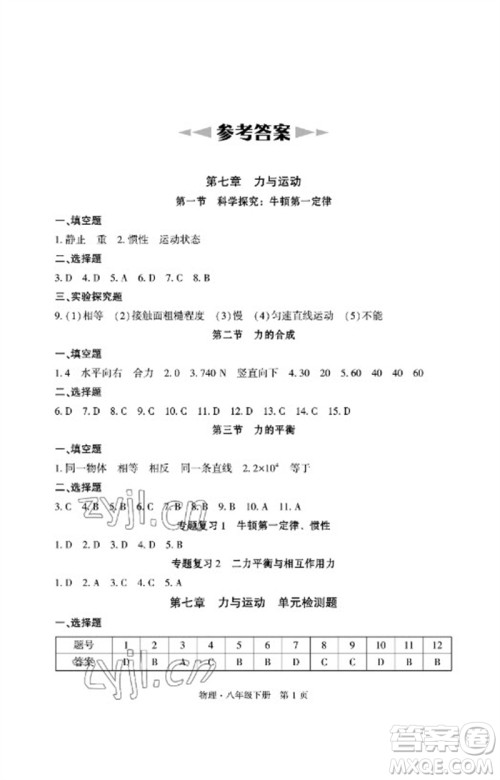 明天出版社2023初中同步练习册自主测试卷八年级物理下册沪科版参考答案