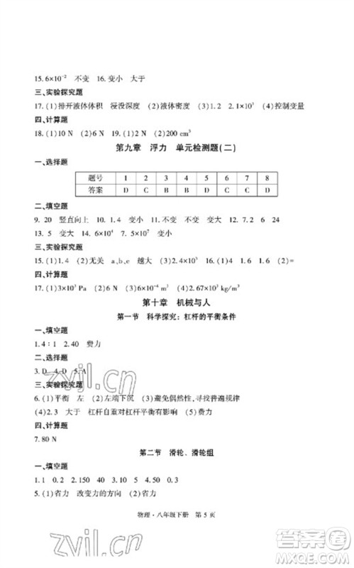 明天出版社2023初中同步练习册自主测试卷八年级物理下册沪科版参考答案