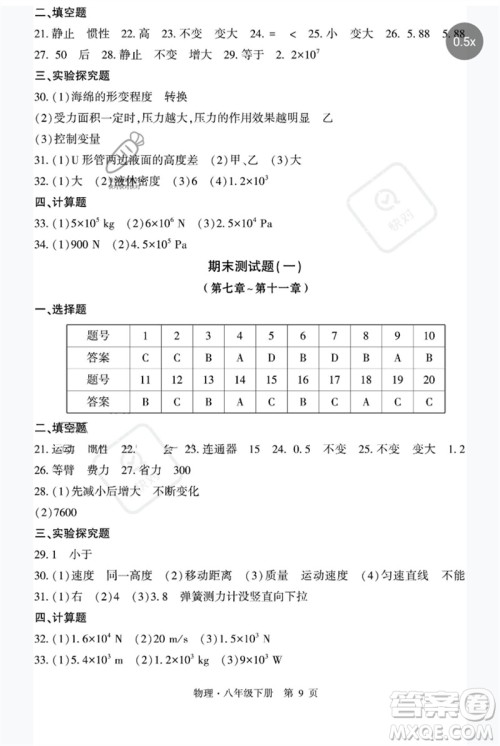 明天出版社2023初中同步练习册自主测试卷八年级物理下册沪科版参考答案