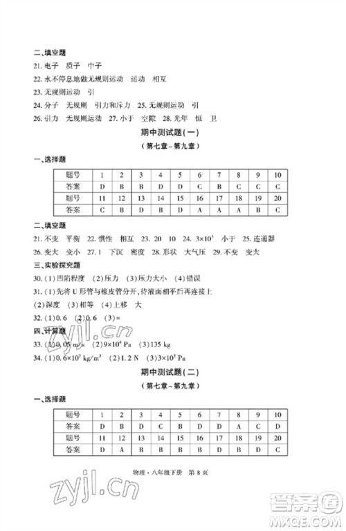 明天出版社2023初中同步练习册自主测试卷八年级物理下册沪科版参考答案