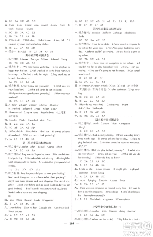 天津科学技术出版社2023智慧花朵六年级下册英语人教版参考答案 天津科学技术出版社2023智慧花朵六年级下册英语人教版参考答案