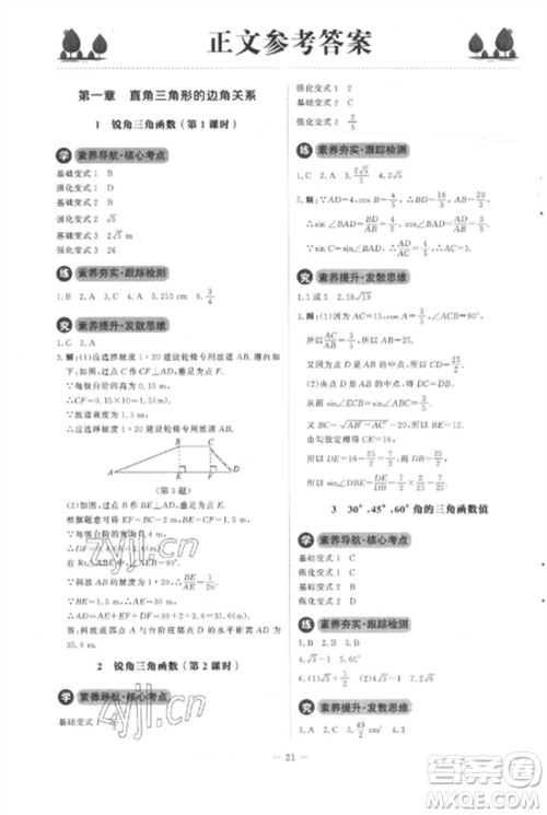 北京师范大学出版社2023初中同步练习册九年级数学下册北师大版参考答案