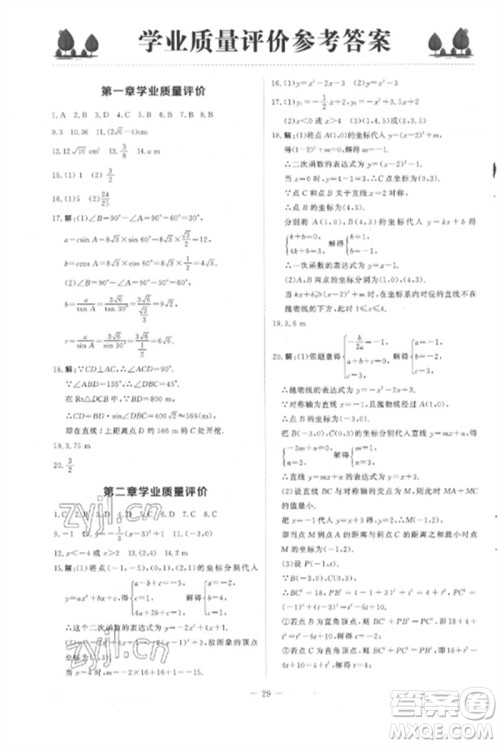 北京师范大学出版社2023初中同步练习册九年级数学下册北师大版参考答案