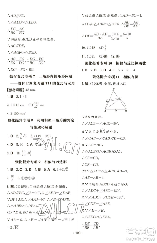 湖南教育出版社2023一本同步训练九年级下册数学人教版参考答案