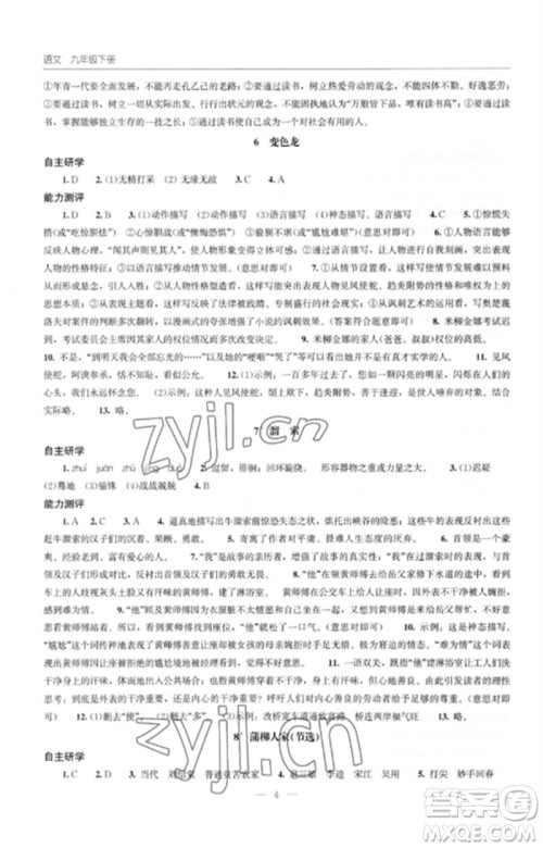 明天出版社2023初中同步练习册九年级语文下册人教版参考答案