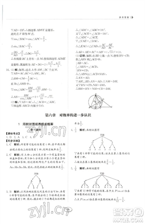 山东科学技术出版社2023初中同步练习册九年级数学下册鲁教版五四制参考答案