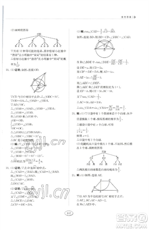 山东科学技术出版社2023初中同步练习册九年级数学下册鲁教版五四制参考答案