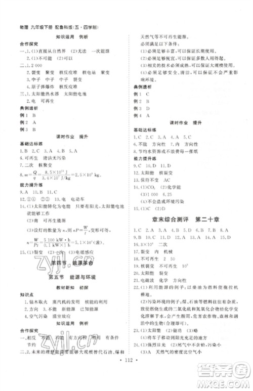 山东人民出版社2023初中同步练习册九年级物理下册鲁科版五四制参考答案