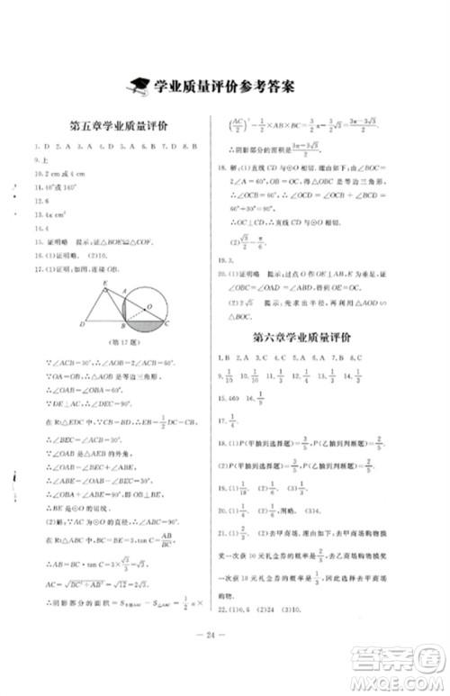 北京师范大学出版社2023初中同步练习册九年级数学下册鲁教版五四制参考答案