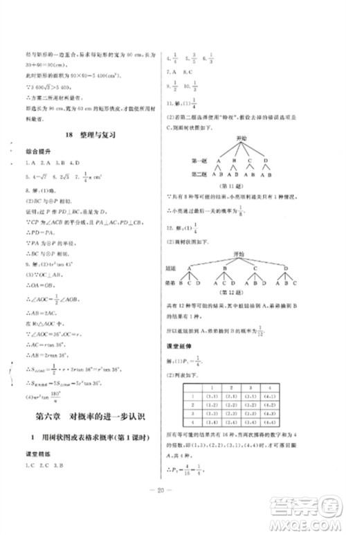 北京师范大学出版社2023初中同步练习册九年级数学下册鲁教版五四制参考答案